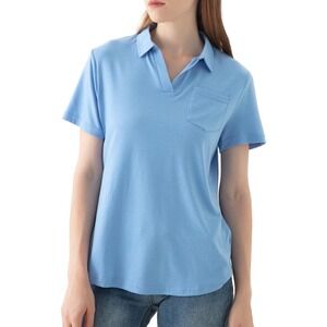 Woman's V-Neck Polo Shirt Top Short Sleeve Collared Loose Casual Pocket Size 3XL